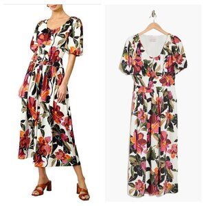 NEW Adelyn Rae Lucia Floral Print Smocked Midi Dress Puff Sleeve Women's XS